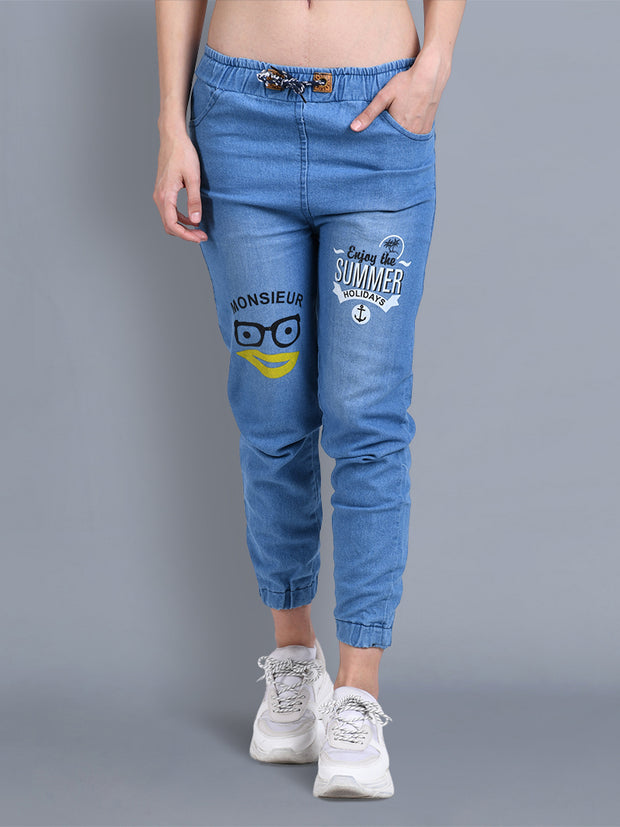 Flower print wide leg denim Jeans- Light blue
